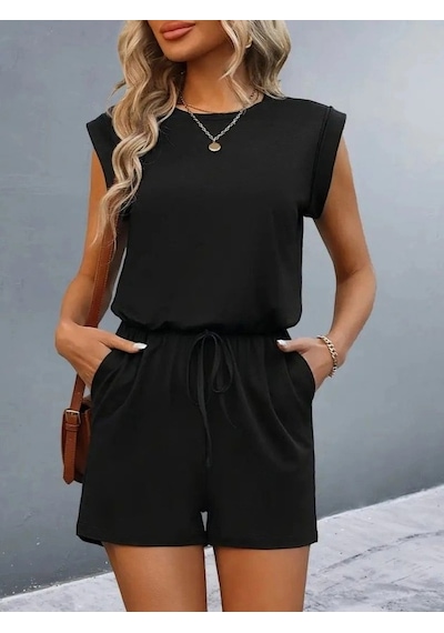 DefyModa Kadın Kısa Kollu Vatkalı Belden Bağcıklı Kısa Viskon Tulum Siyah