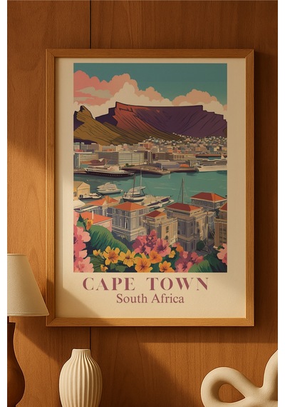 Cape Town Doğal Ahşap Çerçeveli Poster, Dekoratif Seyahat Duvar Tablosu