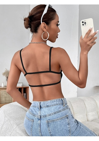 Liona Kadın Siyah Renk Sırtı Açık İpli Sütyen Stil Super Crop Mini Büstiyer 001