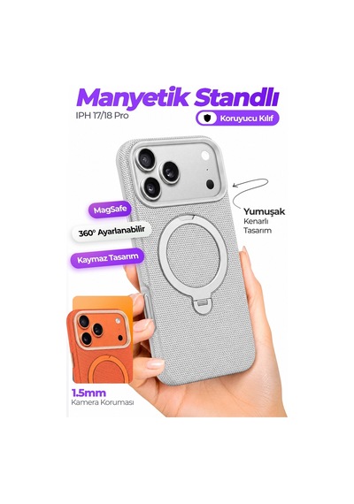 Ftpc10 Apple iPhone 17 Pro Uyumlu Gri Magsafe Kılıf 360 Döner Metal Halkalı Standlı Manyetik Kam