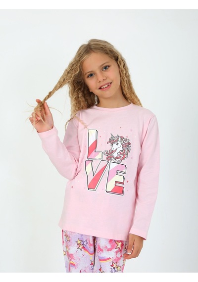Kız Çocuk Uzun Kollu %100 Pamuklu Pijama Takımı Star Love Toz Pembe Toz Pembe