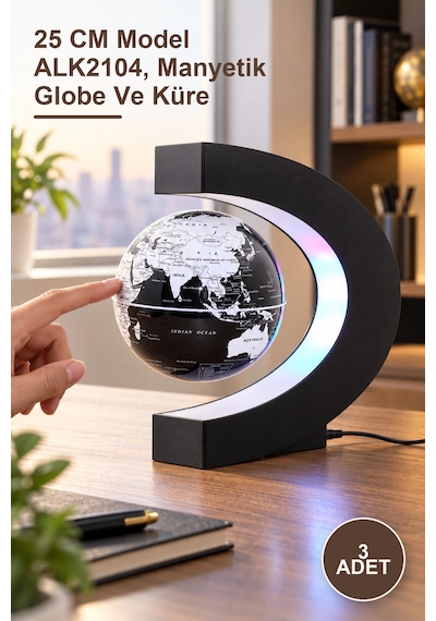 3 Adet Mıknatıslı Ortada Dönen Dünya Küre 25 Cm Model Alk2104, Manyetik Globe Ve Küre