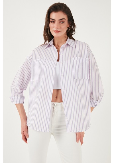 Lela Regular Fit Uzun Kollu Çizgili Bayan Gömlek 6772875 Lila