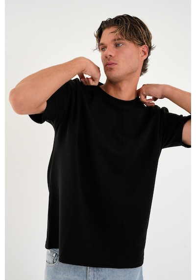 Blank Unisex Oversize Geniş Kesim Tişört %100 Pamuk Kalın Dokulu Bisiklet Yaka T-shirt Siyah