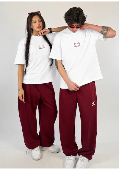 Zaee 2m Motive Taşlı Oversize T-shirt Kiraz Kırmızısı