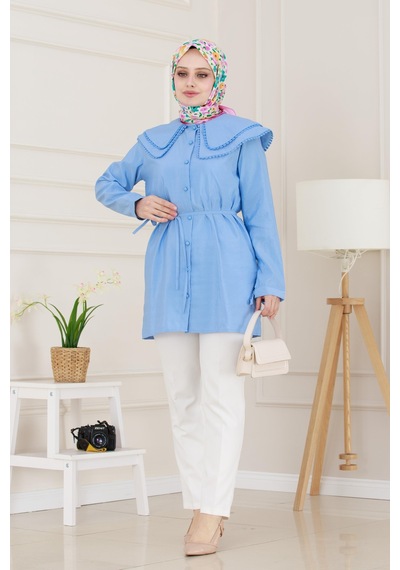 Sevitli Çift Yaka Dantelli Tunik-indigo-4986 Indigo