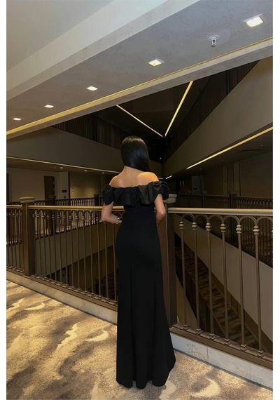 Lior Design Kadın Trend Tasarım Kare Yaka Yırtmaçlı Kısa Kollu Abiye Elbise Siyah