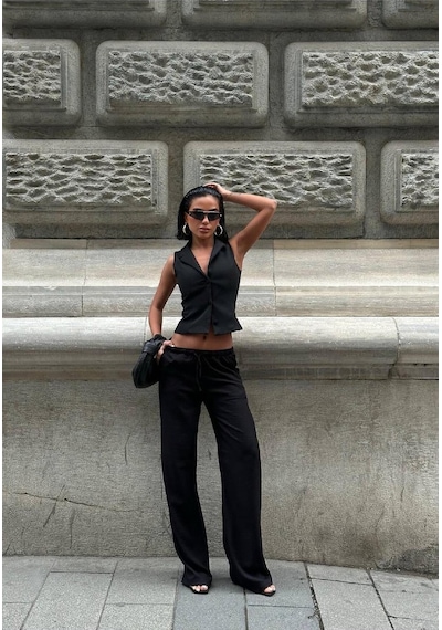 HLT Jeans Kadın Siyah Baggy Beli Lastikli %100 Pamuk Keten Görünümlü Pantolon Emily-3012
