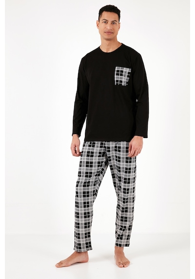 Buratti Ekoseli Cepli Beli Lastikli % 100 Pamuk Regular Fit Erkek Pijama Takımı 6572001 Siyah-Beyaz