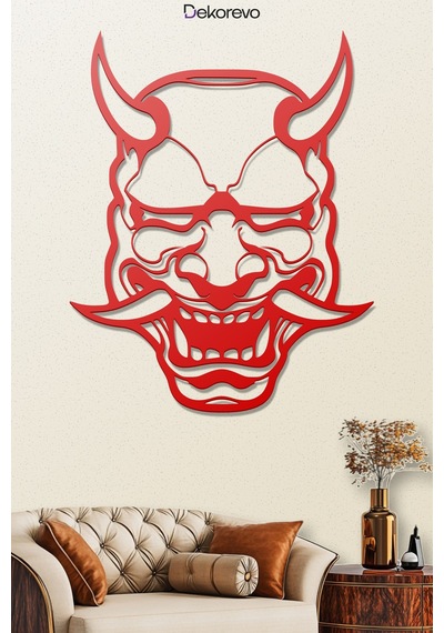 Japon Oni Maskesi Metal Duvar Tablosu - Metal Duvar Sanatı - Kırmızı - 60 X 75 Cm