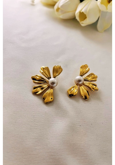 İncili Çiçek Gold Küpe Çok Renkli