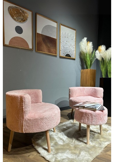 Elegant Comfort Pamuk Şeker Pembesi Çay Seti Ve Peluş Ikili Berjer & Puf Takımı - 3'lü Set