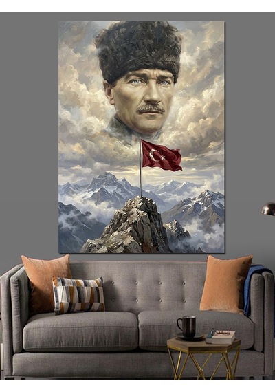 Dağ Zirvesinde Atatürk Ve Bayrak Dekoratif Kanvas - Mdf Ahşap Tablo