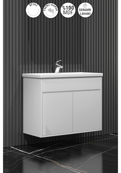 Çiğdem Asma 80 Cm Beyaz Mdf Lavabolu Banyo Alt Dolabı Beyaz