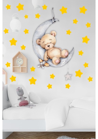MSticker Ayda Uyuyan Sevimli Ayıcık Ve Sarı Yıldızlar Çocuk Bebek Odası Sticker Seti