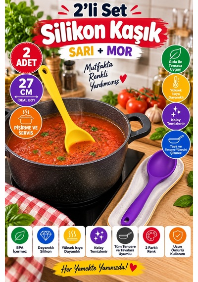 2'li Set Sarı Mor Büyük Boy Silikon Kaşık 27 Cm Mutfak Yemek Pişirme Ve Servis Kaşığı İki Renkli Set