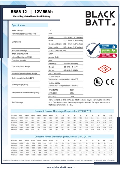 Black Batt 12v 55ah 10hr Bakımsız Kuru Tip Ups Akü 2023 Tarihli