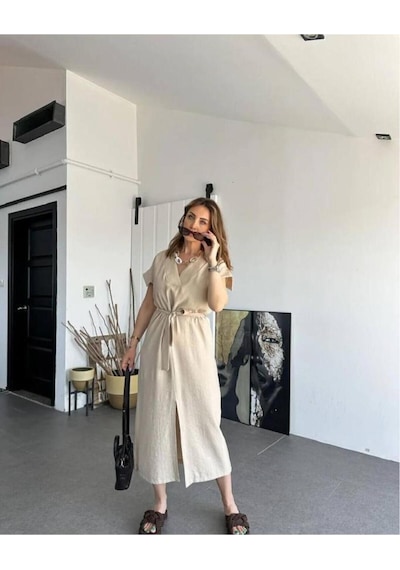 Pasaklı Giyim Kadın Yeni Sezon Taş Bej Keten Kemerli Uzun Kısa Kollu Yazlık Rahat Kesim Bol Elbise 700-3221418