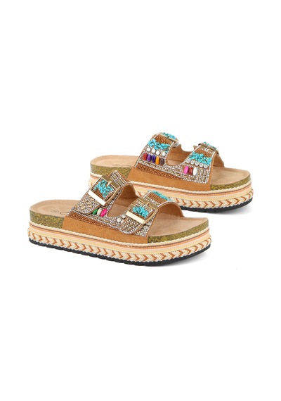 Guja 25y103 Kadın Mantar Platform Taban Taşlı Çift Tokalı Comfort Terlik Camel Fuşya
