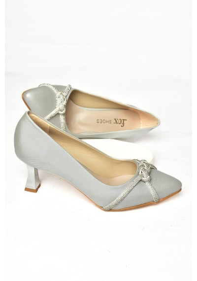 Fox Shoes S246061604 Gümüş Kumaş Kalın Topuklu Kadın Abiye Ayakkabı Gümüş
