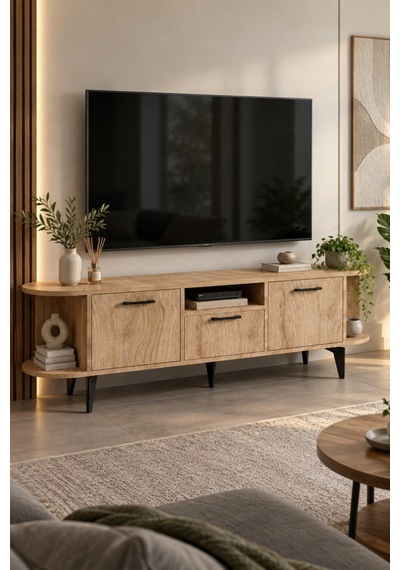 Sulorahome Bej Renkli Suntalam Tv Sehpası 160 Cm 3 Kapaklı Ve Raflı Yeşil