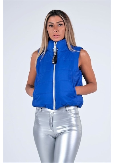 Keyifli Moda Kadın Saks Mavi Dik Yaka Beli Lastikli Cepli Kısa Şişme Yelek