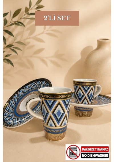 Türk Kahvesi Fincan Takımı İçe Geçmeli Mosaic Mask 2 Kişilik 4 Parça Makinede Yıkanmaz Mavi