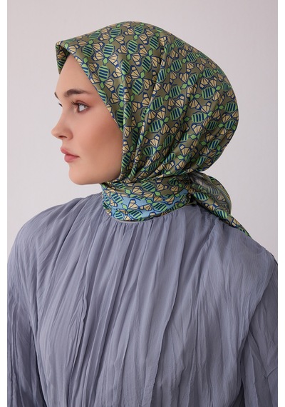 Belli Geometrik Desen %100 Twill İpek Eşarp Be03 Yeşil