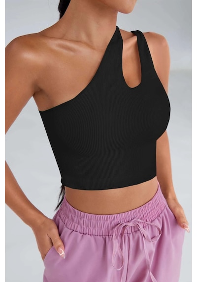 Fantezia Night Kadın Beyaz Tek Omuz Cut Out Detaylı Crop Top Bluz SIYAH
