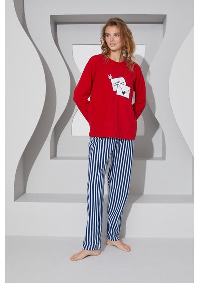 Siyah İnci Alt-üst Polar Pijama Takım 24223087 Kırmızı