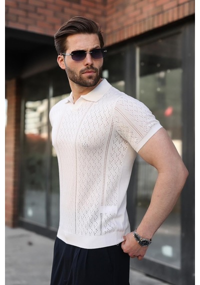 Madmext Beyaz Delikli Polo Yaka Erkek Triko Tişört E7495