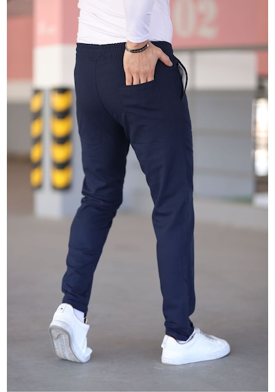 Bürke Erkek Lacivert Beli Lastikli Bağcıklı Esnek Fitted Jogger Pantolon Kumaş Pantolon