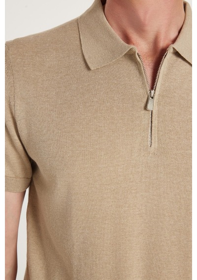 Tudors Erkek Slim Fit Dar Kesim Pamuklu Örme Triko Fermuarlı Vizon Polo Yaka Tişört-35602 Vizon