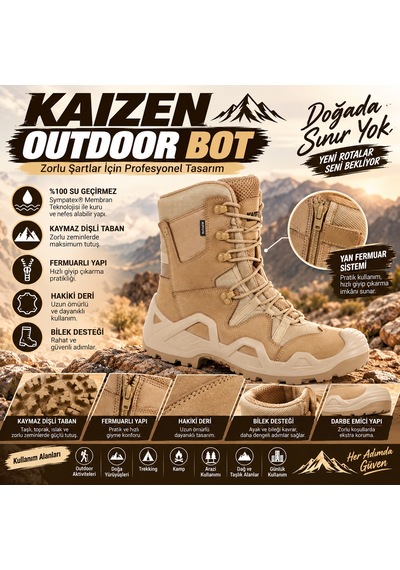U Force Outdoor Bot Unisex Su Geçirmez Sympatex Kaymaz Dişli Taban Fermuarlı Hakiki Deri Bej