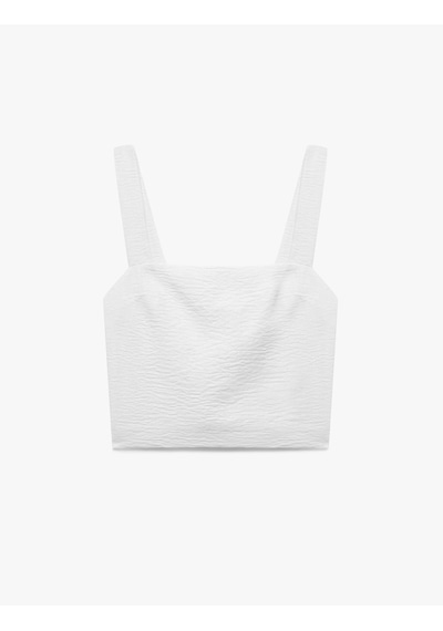 Koton Kare Yaka Düğme Detaylı Kalın Askılı Keten Karışımlı Crop Bluz Beyaz 6sak30103uw