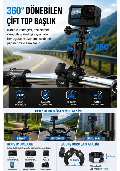 Motosiklet Bisiklet Gidon Kamera Montaj Metal Si 360 Döner Metal