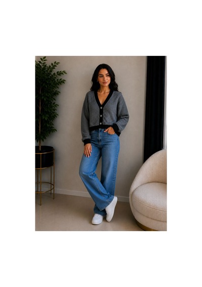 Hira Life Fashion Kadın V Yaka Düğmeli Şeritli Kısa Crop Ceket-hırka Antrasit Antrasit