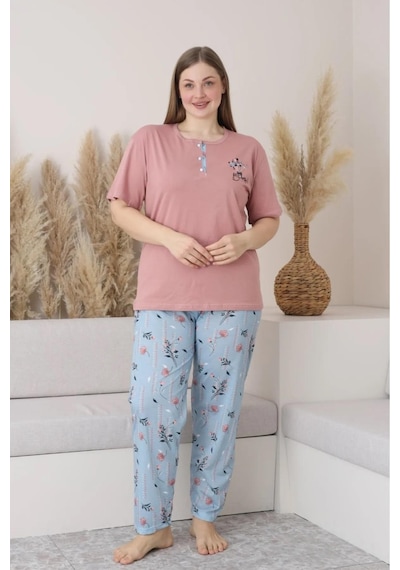 Sude Kadın Büyük Beden Düğme Yaka Penye Kısa Kol İnce Pijama Takımı P127 - 1 Adet Pudra