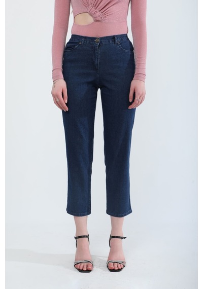 Blue White Kadın Beli Lastikli Likralı Esnek Jean Pantolon Koyu Mavi 34