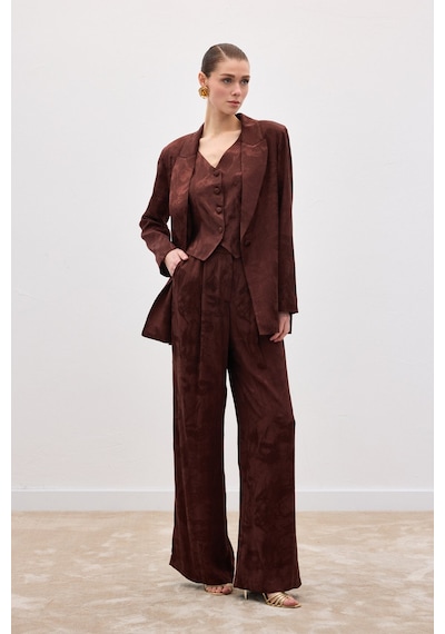 Sateen Jakarlı Bol Pantolon - Kahve-136817 Kahve