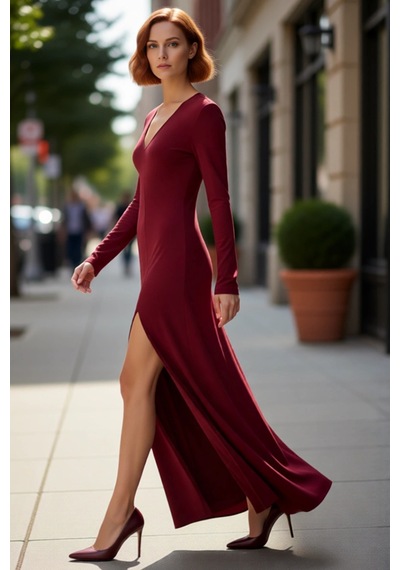 Ersefa Kadın V Yaka Bodycon Kesim Uzun Kollu Maxi Boy Yırtmaç Detaylı Dü Bordo