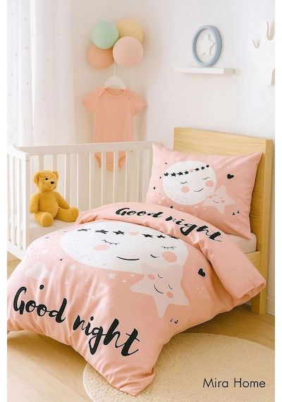 Yenidoğan Kız Bebek Nevresim Takımı %100 Pamuklu Good Night Çok Renkli