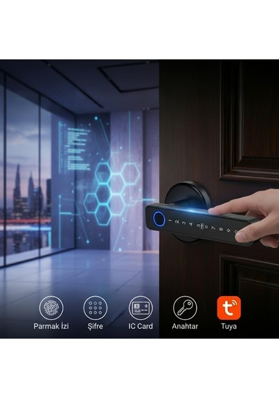 Tr Ofis Otel Akıllı Şifreli Kapı Kolu Kilidi: Parmak İzi-şifre-mobilapp-anahtar-kart/siyah