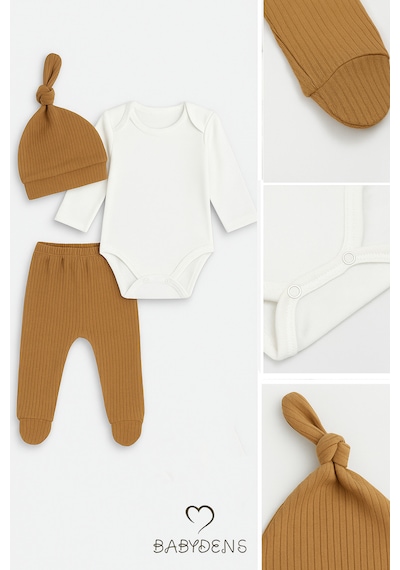 Babyden's 3'lü Bebek Zıbın Takımı Uzun Kollu Body, Patikli Pantolon Ve Şapka %100 Pamuk Fitilli Ribana Kumaş Kahverengi