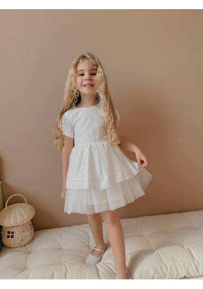 Lace Fistolu Ekru Elbise Ekru