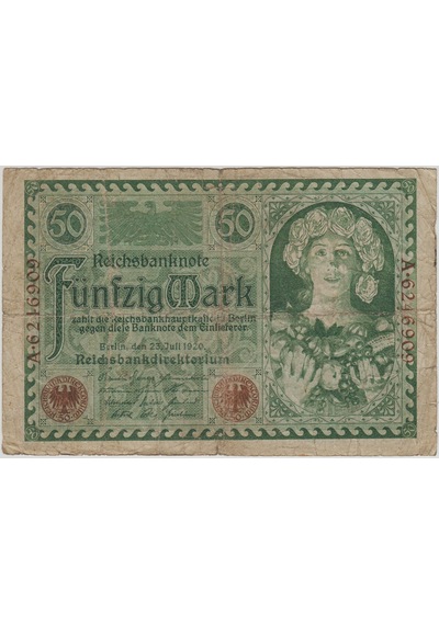 Almanya 50 Mark 1920 Weimar Cumhuriyeti Dönemi. Temiz.