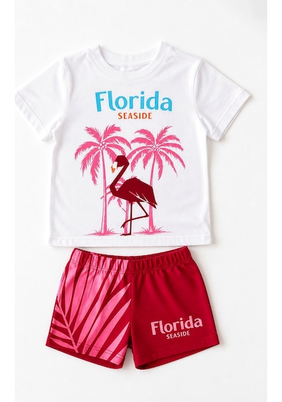 Eray Alp Kids Unisex Çocuk Beyaz Flamingo Baskılı Tişört Şort Takımı Yazlık Günlük Model