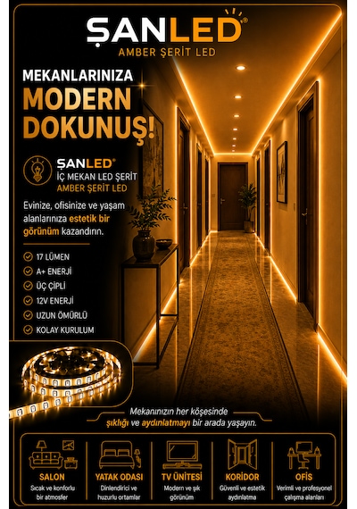 3 Çipli Şerit Led Amber Rengi 12v 5 Metre
