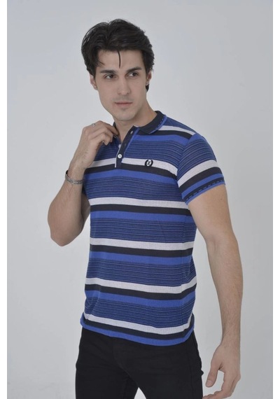Erkek Polo Yaka Tişört Slim Fit Dokuma Çizgili T-shirt - Mavi