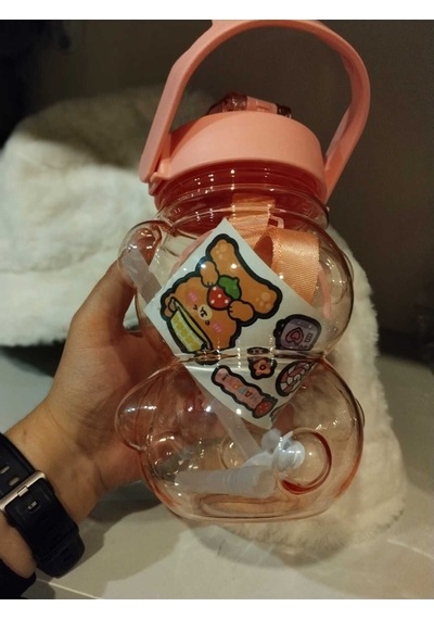 Ayıcıklı Matara 1000 Ml, Şeffaf Su, Suluk, Okul, Ofis, Seyahat, Bpa İçermez Pembe Plastik Diğer